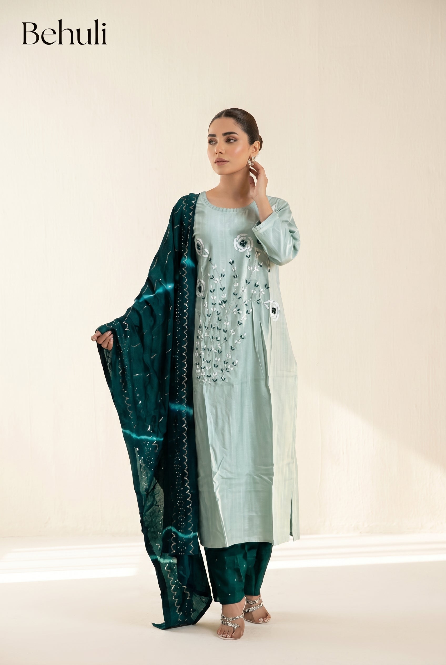 Mint Green Embroidered Kurti Set with Teal Velvet Dupatta