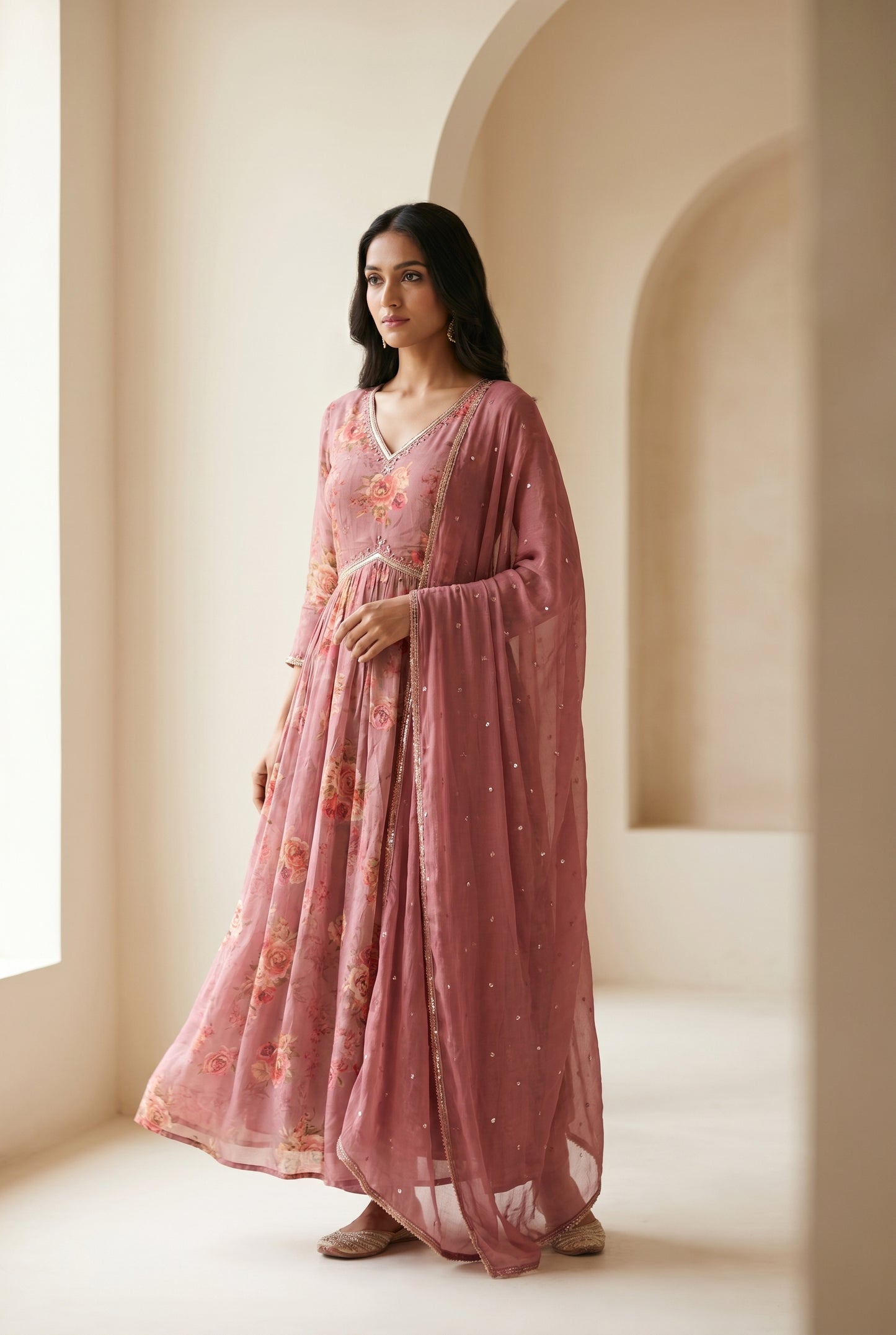Dusty Rose Floral Anarkali Suit with Embellished Dupatta