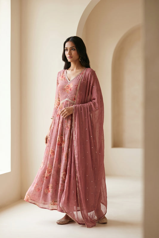 Dusty Rose Floral Anarkali Suit with Embellished Dupatta
