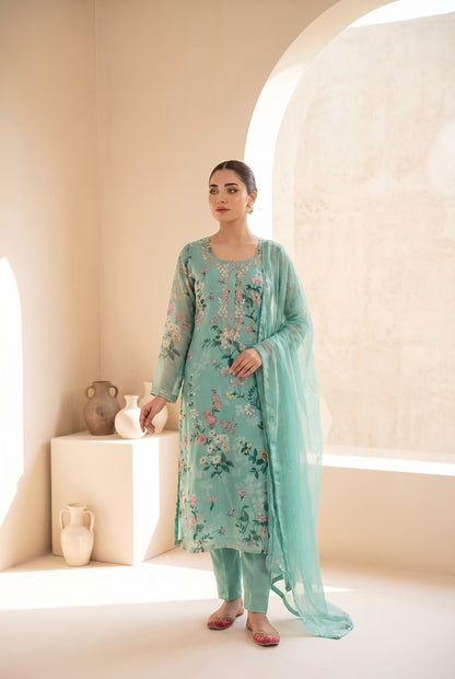 Aqua Floral Kurti Set with Embroidered Neckline