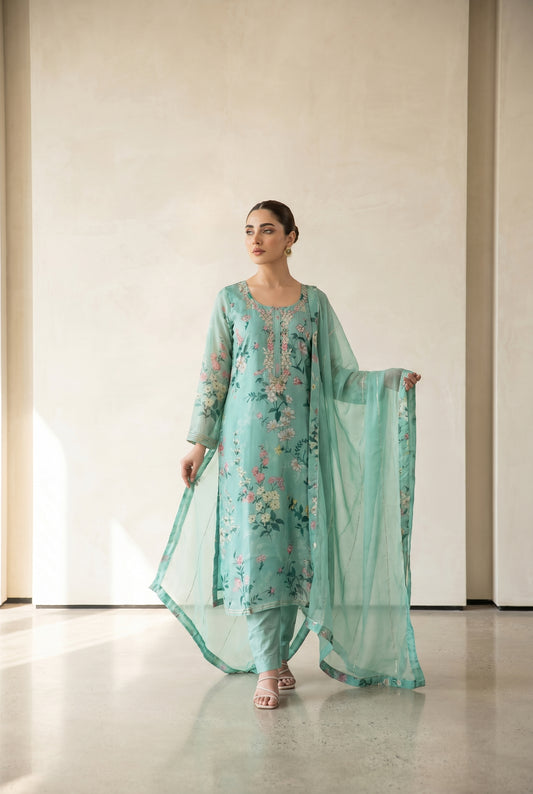 Aqua Floral Kurti Set with Embroidered Neckline