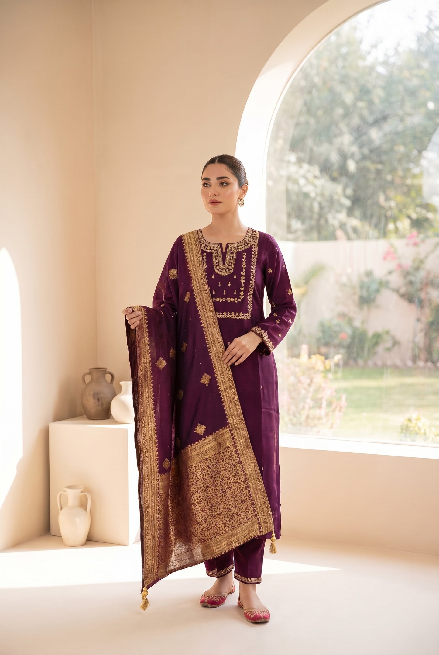 Purple Banarasi Kurti Set with Gold Embroidery
