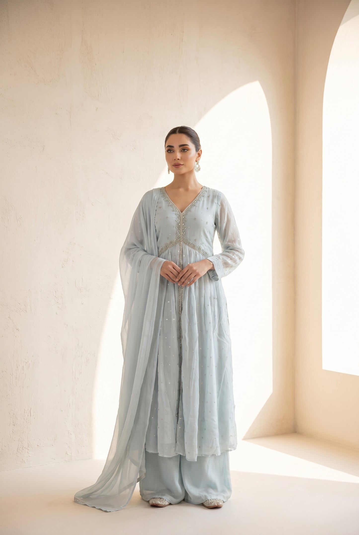 Powder Blue Palazzo Suit Set with Embellished V-Neckline