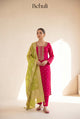 Fuchsia Pink & Lime Green Embroidered Kurti Set with Dupatta