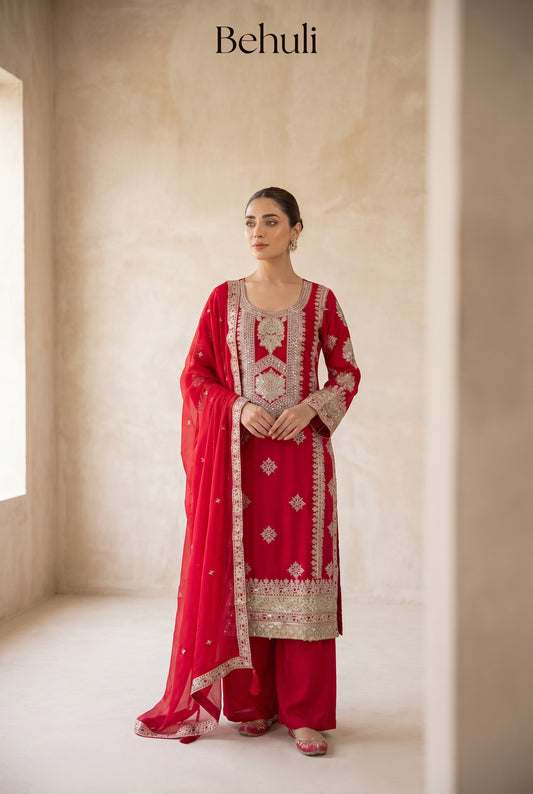 Red Chinon Silk heavy kurthi Set with Gold Zari Embroidery