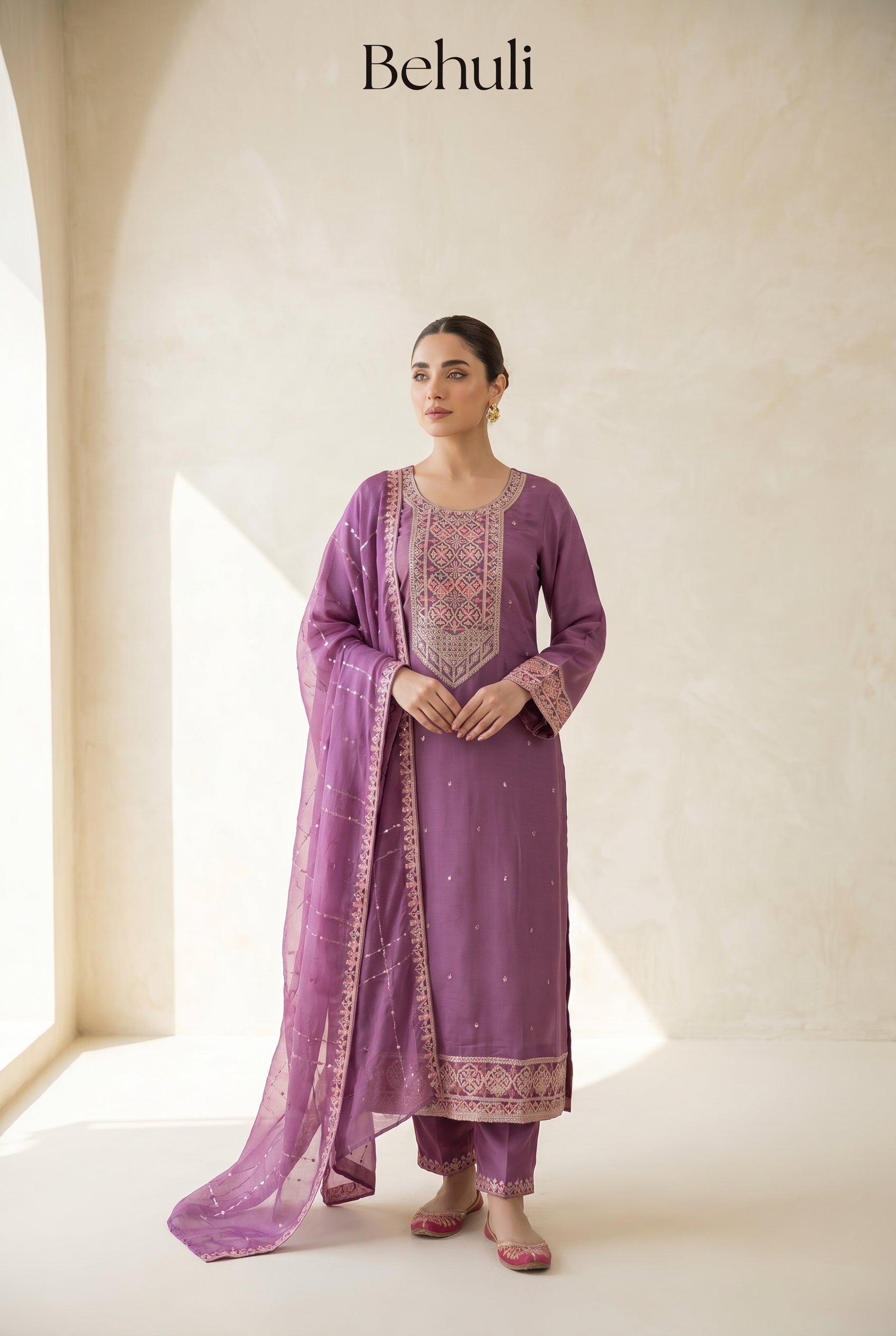 Purple Embroidered Kurti Set with Dupatta