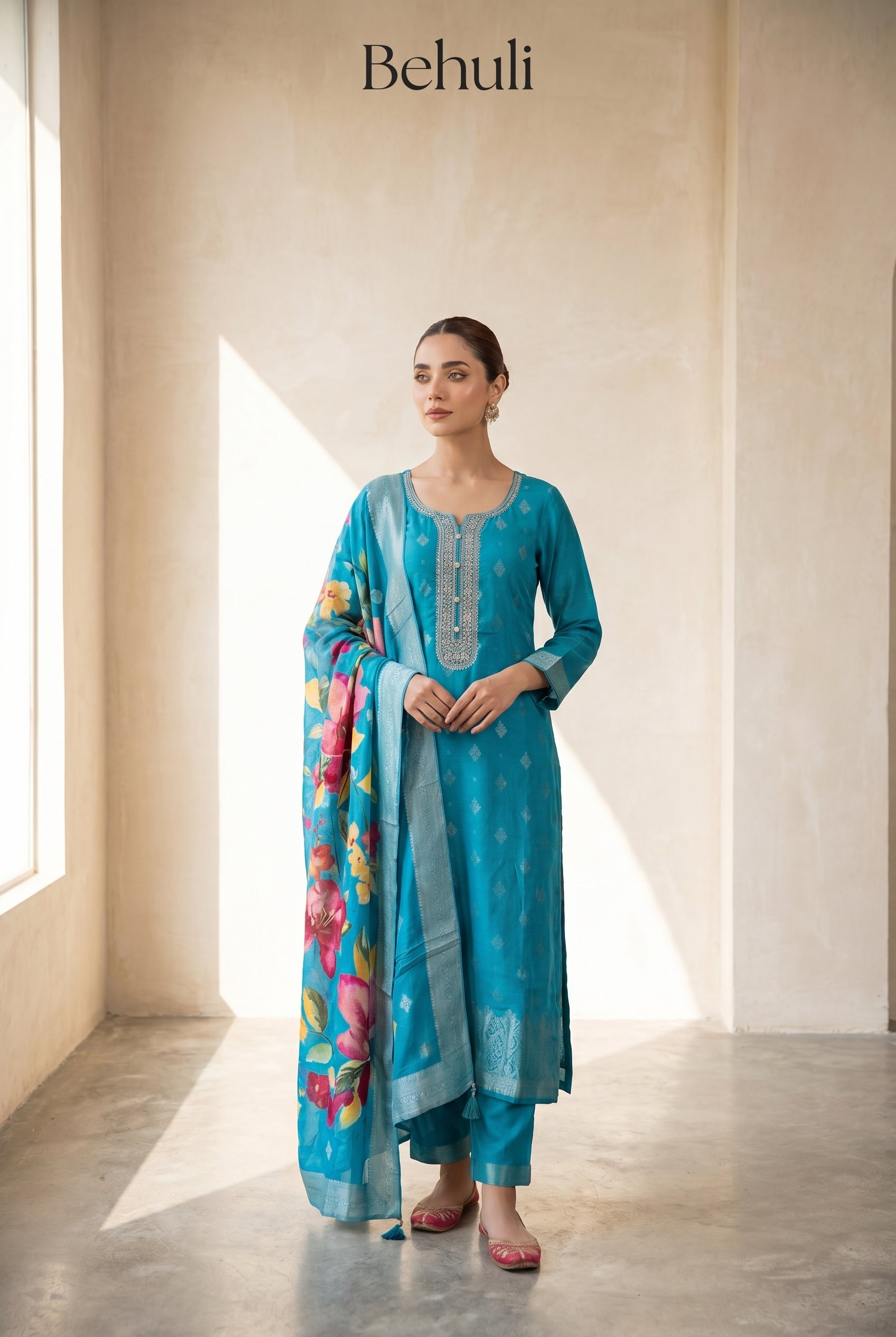 Turquoise Blue Kurti Set with Embroidered Neckline & Floral Dupatta