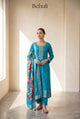 Turquoise Blue Kurti Set with Embroidered Neckline & Floral Dupatta
