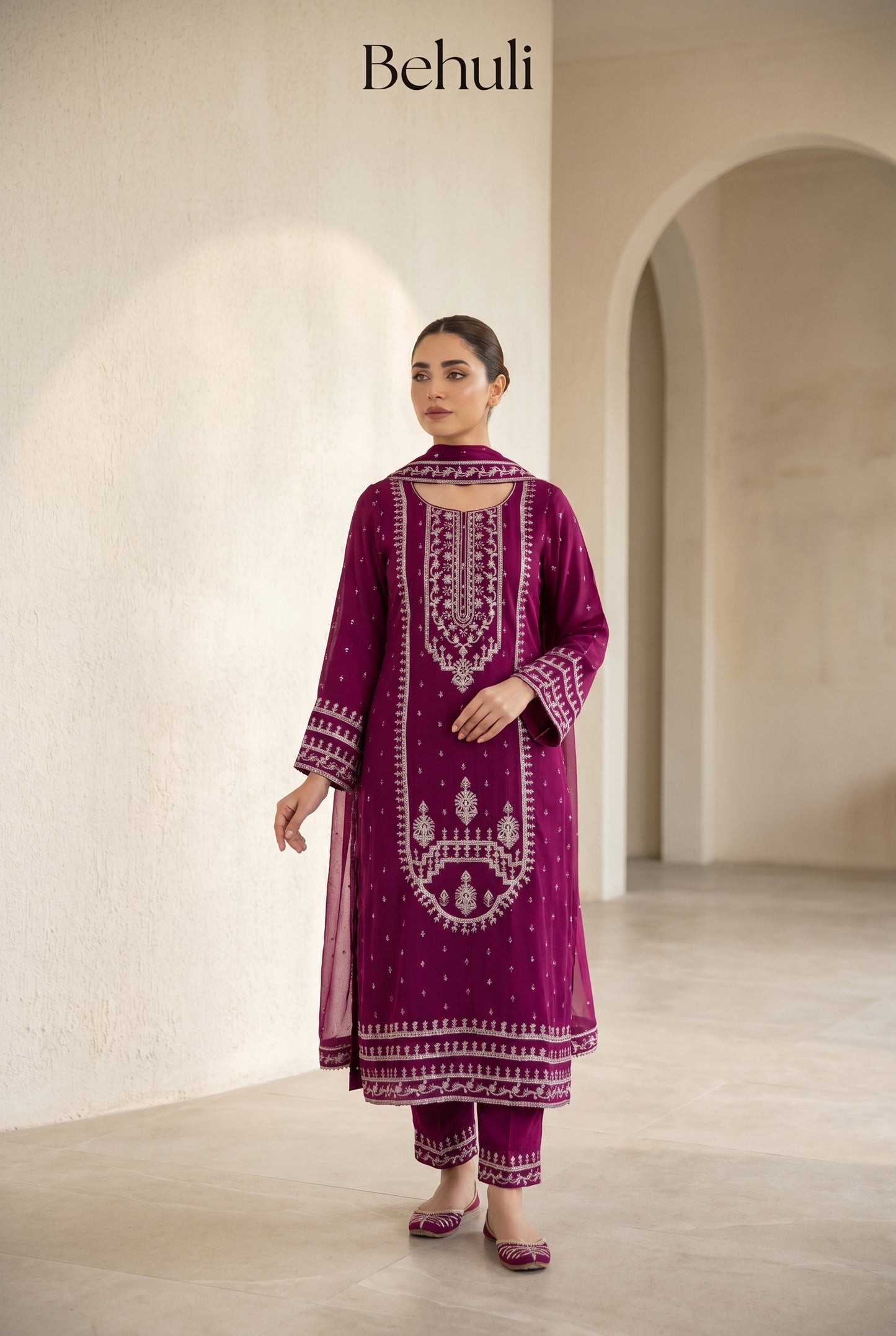 Magenta Embroidered Kurti Set with Intricate Silver Threadwork