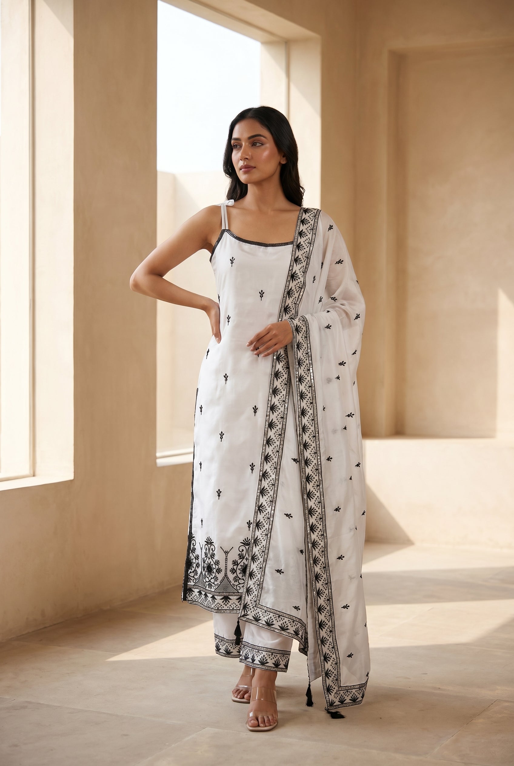 White Embroidered Kurti Set with Black Border Dupatta