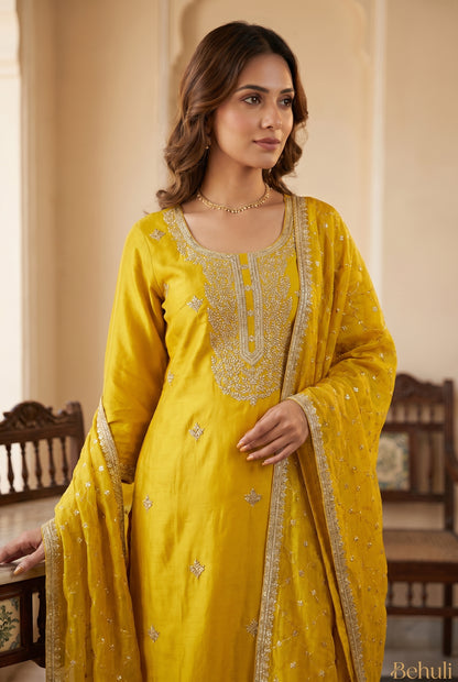 Mustard Silk Kurthi Suit Set with neckline Embroidery