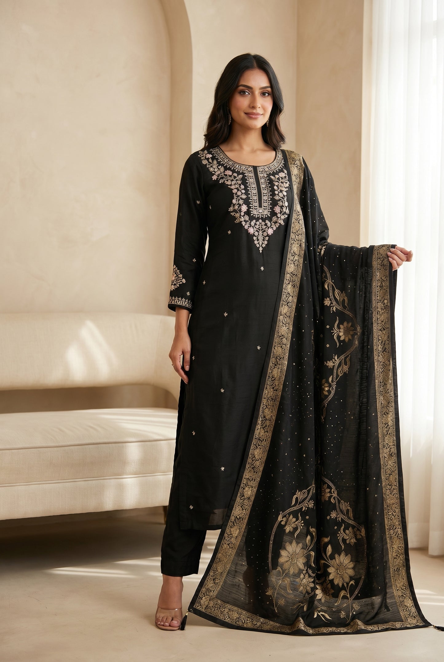 Black Embroidered Kurti Set with Gold Floral Dupatta