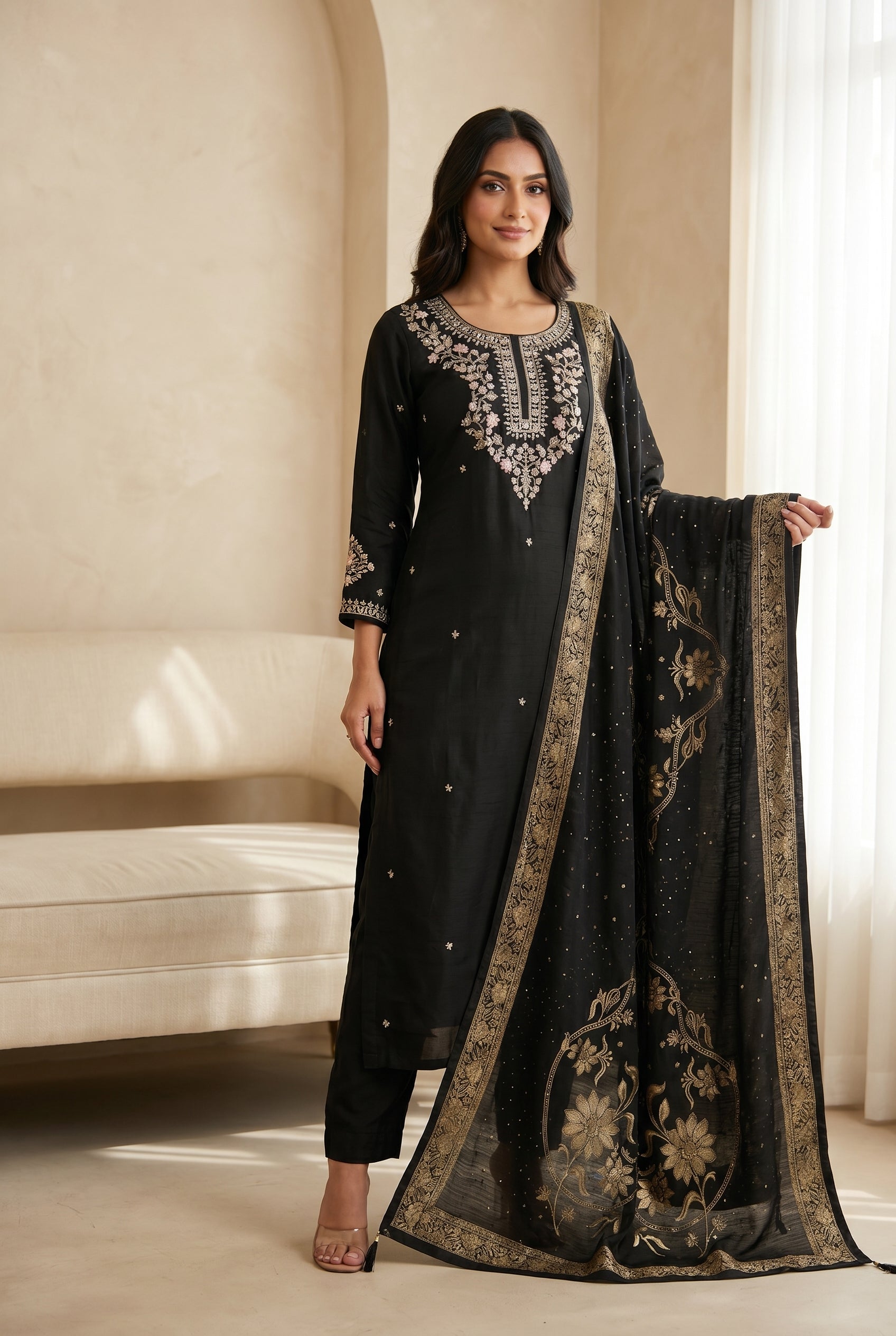 Black Embroidered Kurti Set with Gold Floral Dupatta