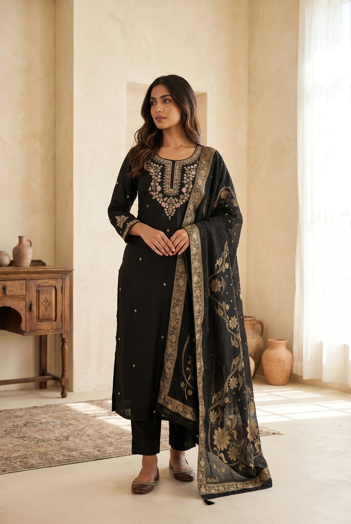 Black Embroidered Kurti Set with Gold Floral Dupatta