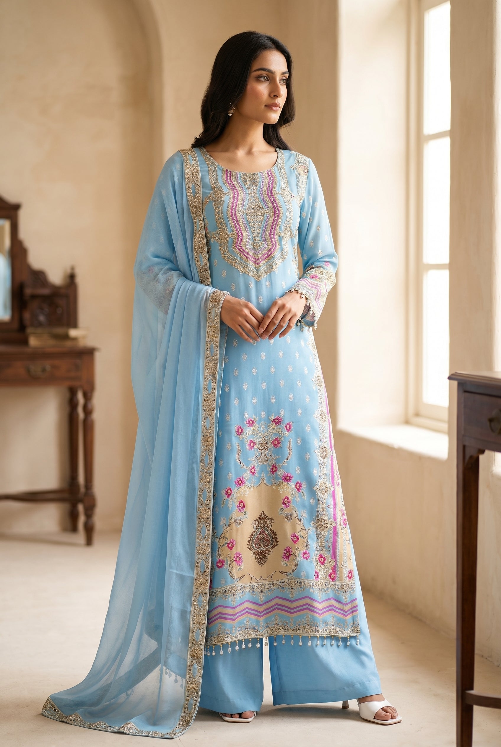 Sky Blue Embroidered Palazzo Suit with Floral Details