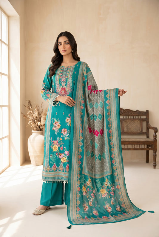 Teal Embroidered Kurti Set with Floral Print & Grey Dupatta