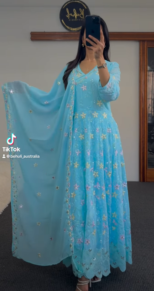 The Azure Floral Georgette Umbrella Set