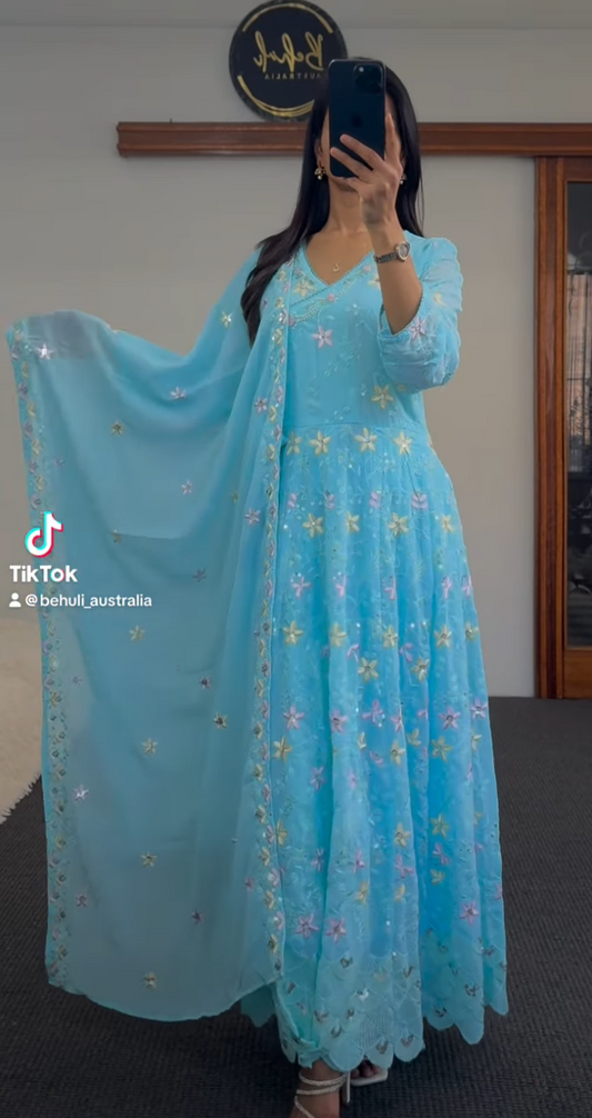 The Azure Floral Georgette Umbrella Set