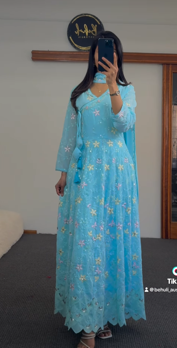 The Azure Floral Georgette Umbrella Set