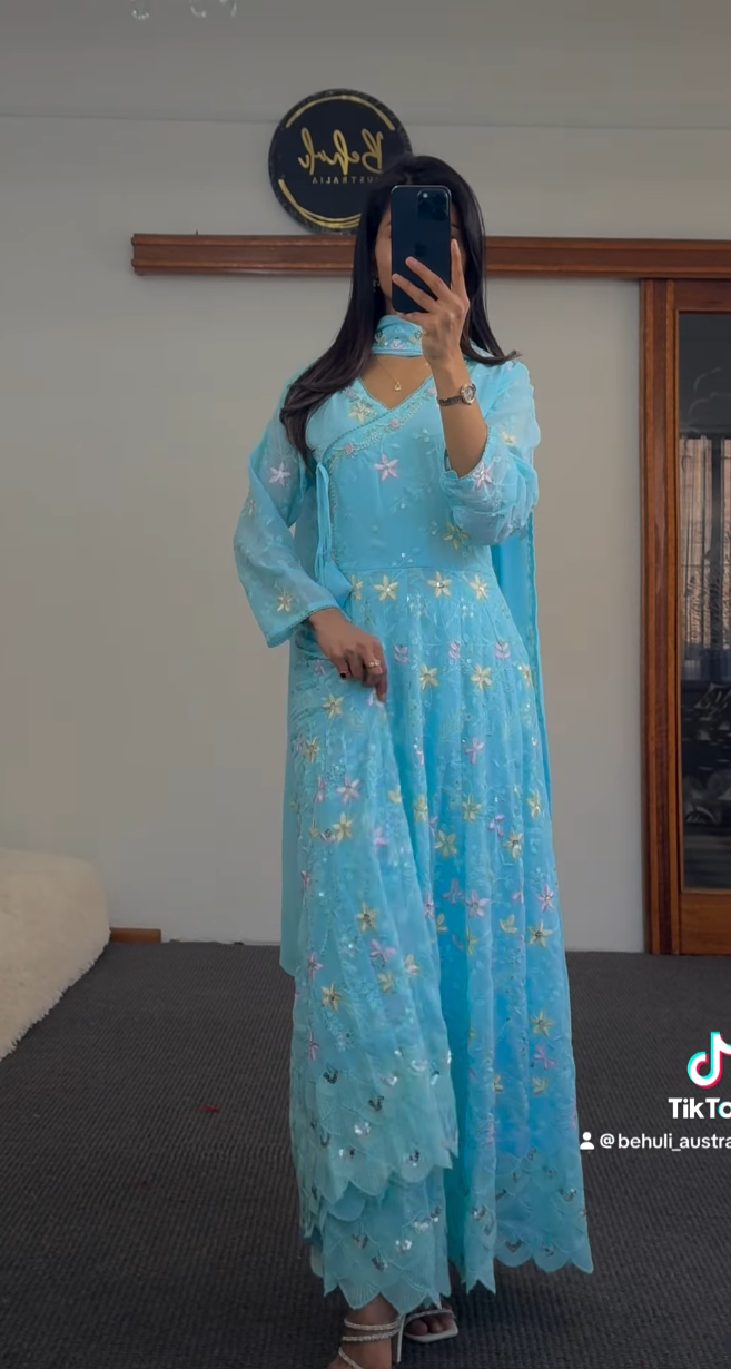 The Azure Floral Georgette Umbrella Set