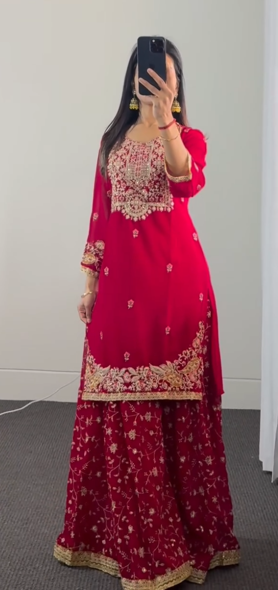 Red Kurti with Divider Pant Set