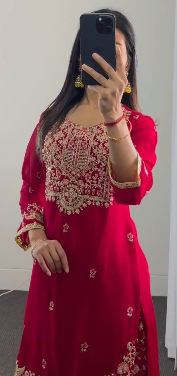 Red Kurti with Divider Pant Set