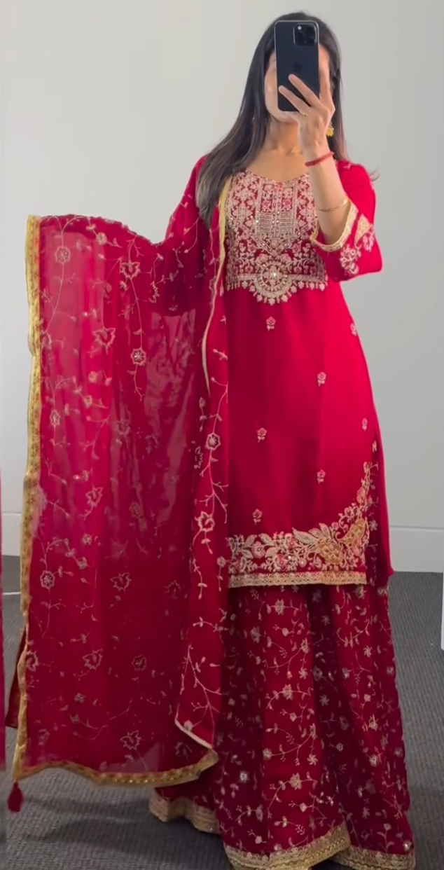 Red Kurti with Divider Pant Set