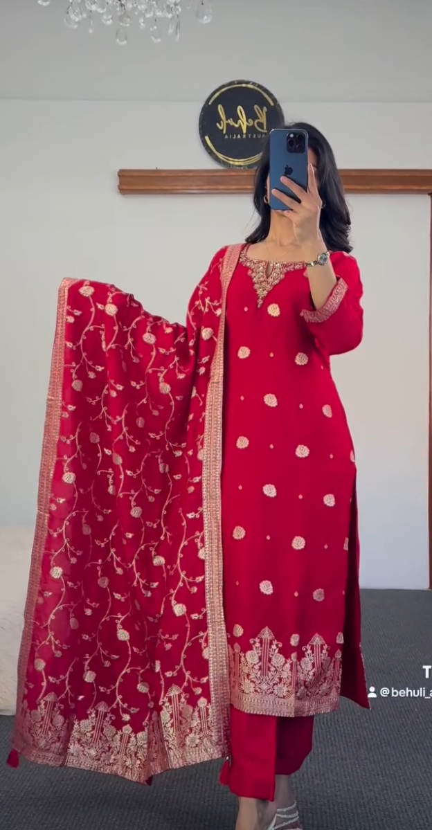 The Ruby Glow – Premium Dola Silk Set