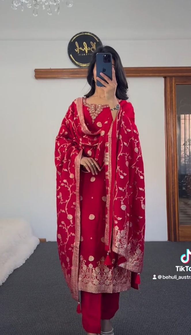 The Ruby Glow – Premium Dola Silk Set
