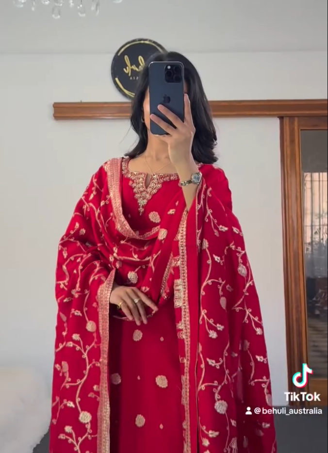 The Ruby Glow – Premium Dola Silk Set