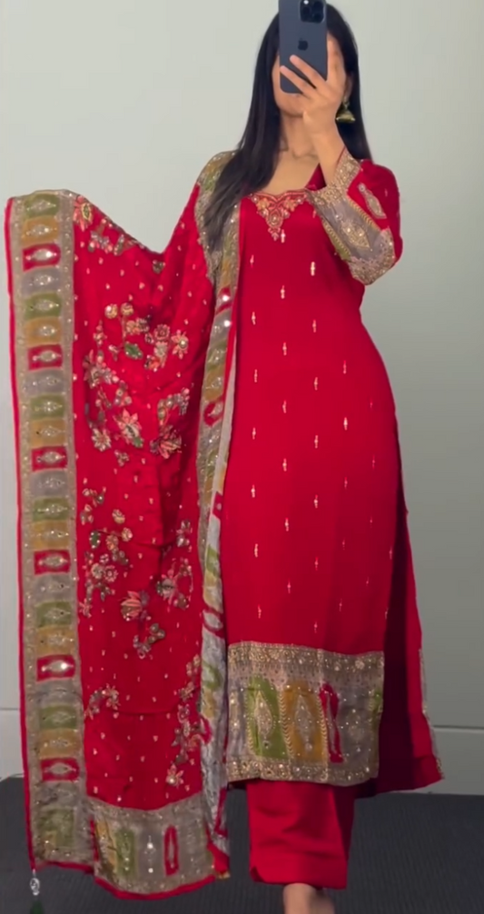 The Red Majesty – Premium Chiffon Rajasthani Set