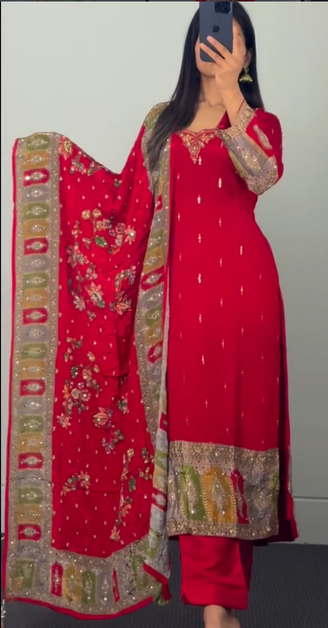 The Red Majesty – Premium Chiffon Rajasthani Set