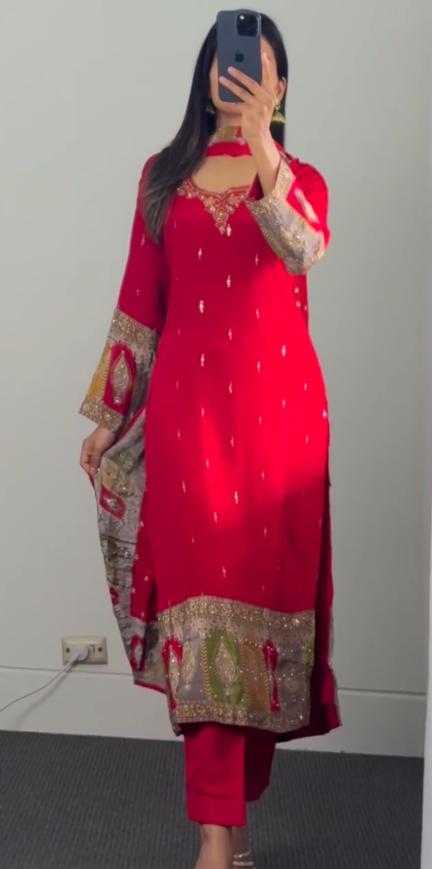 The Red Majesty – Premium Chiffon Rajasthani Set