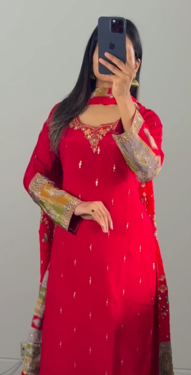 The Red Majesty – Premium Chiffon Rajasthani Set