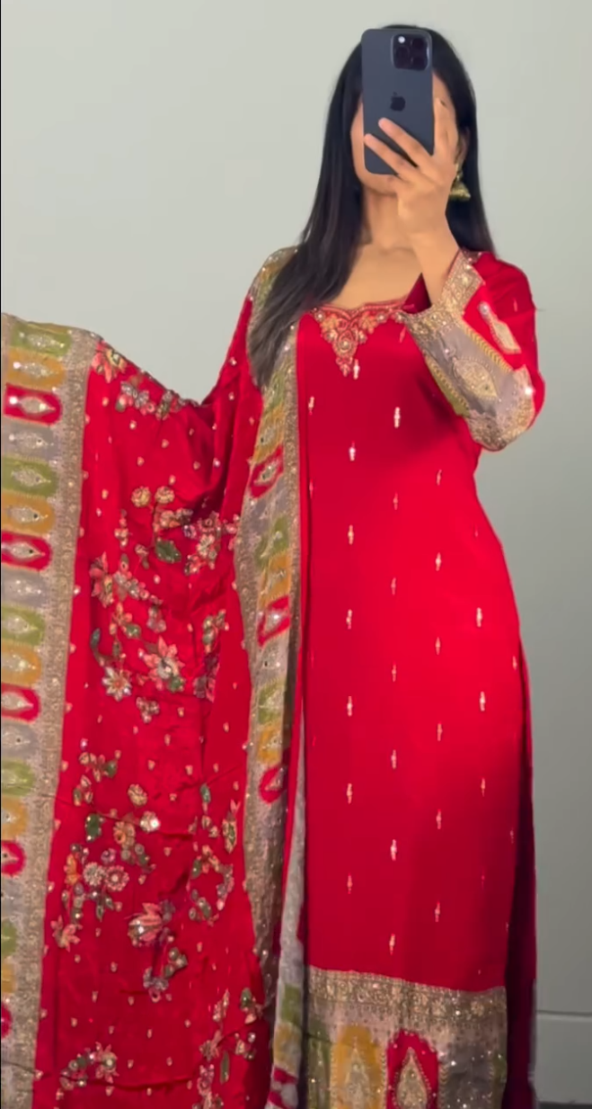 The Red Majesty – Premium Chiffon Rajasthani Set