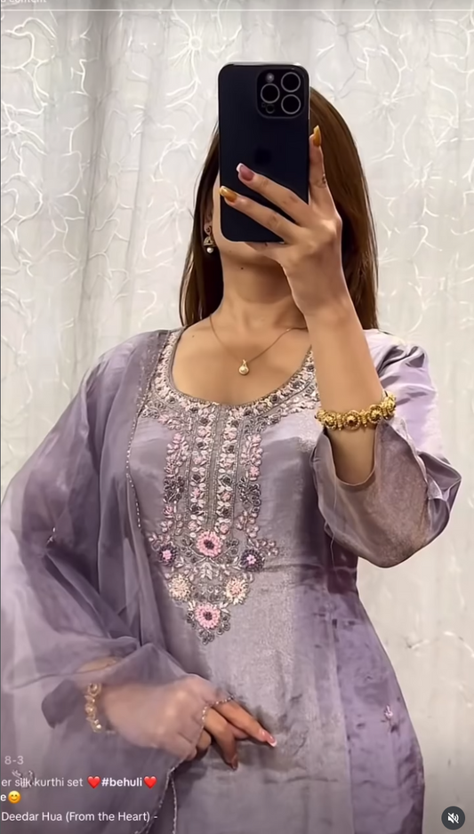 Light Purple Grey Shimmer Kurti Set