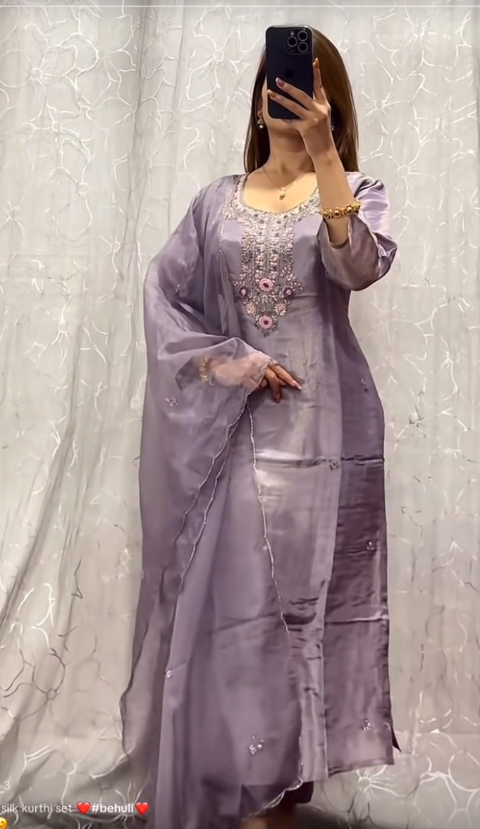 Light Purple Grey Shimmer Kurti Set