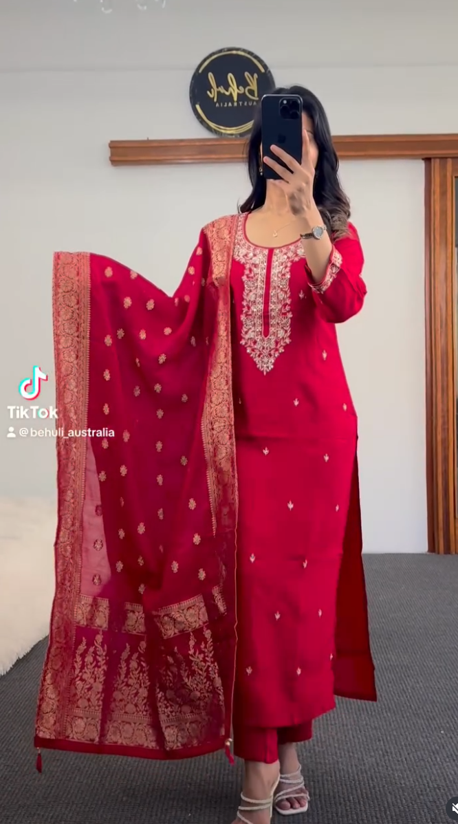 Handcrafted Crimson Dola Silk Kurta Set