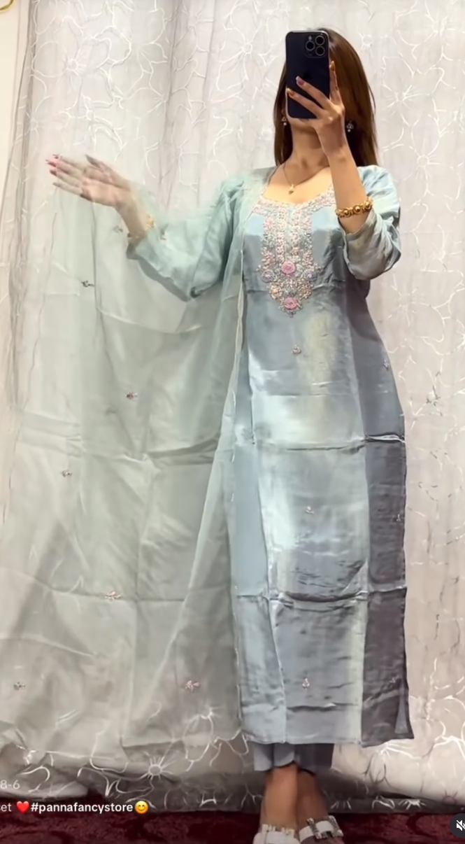 Icy Blue Shimmer Silk Kurta Set