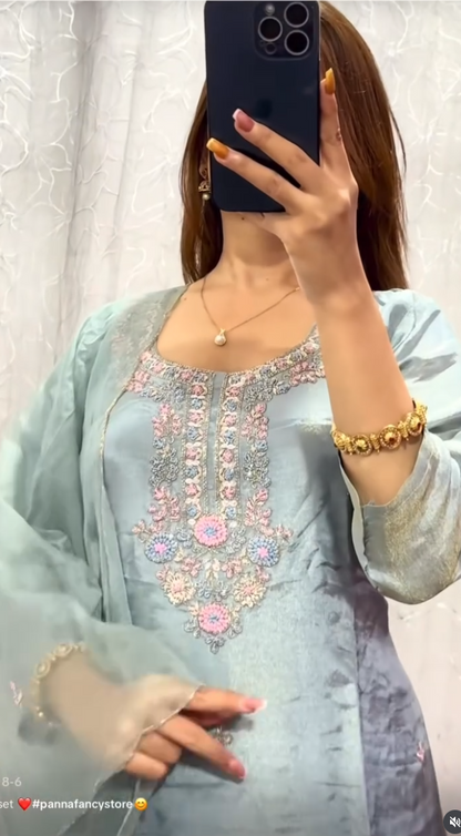 Icy Blue Shimmer Silk Kurta Set