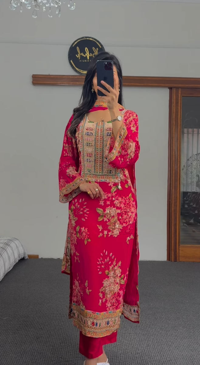 Fuchsia Embroidered Kurti Set with Floral Motifs