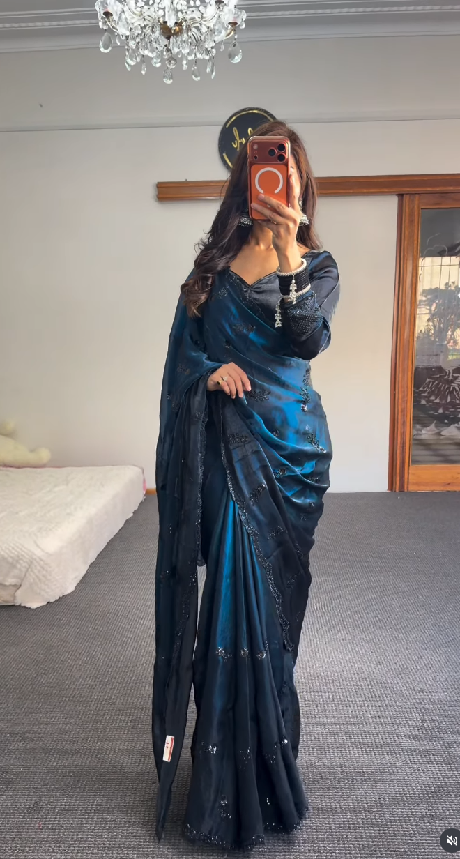 Navy Blue Sequin Embellished Saree with Blouse