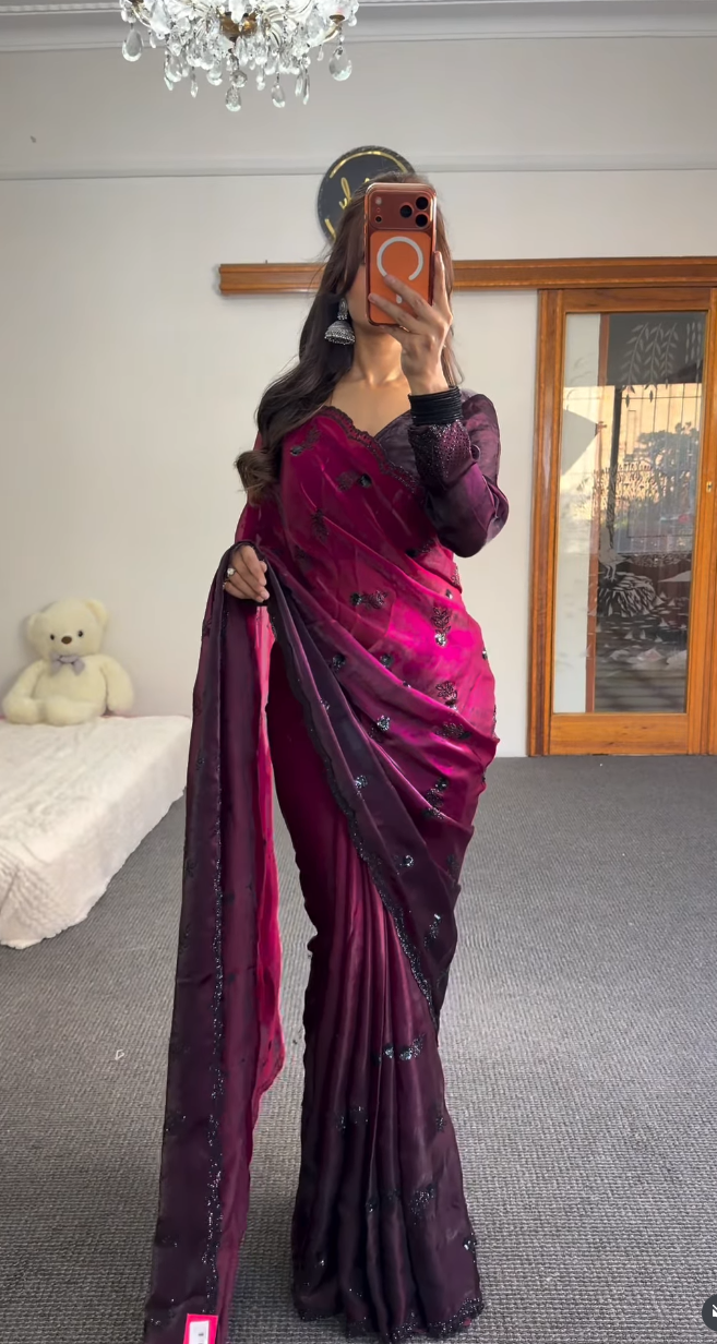 Magenta Embellished Saree with Sheer Blouse - Premium Chiffon