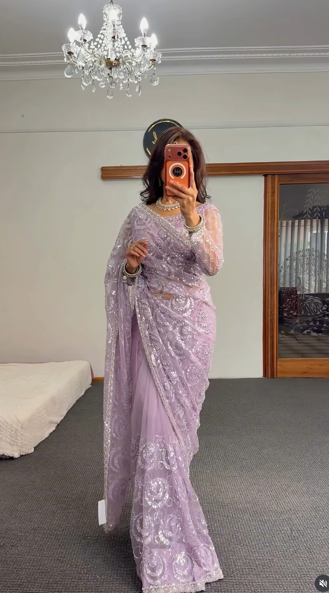 Lavender Sequin Embellished Saree - Premium Georgette