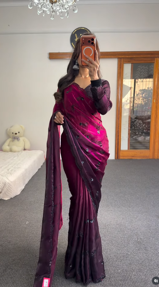 Magenta Embellished Saree with Sheer Blouse - Premium Chiffon