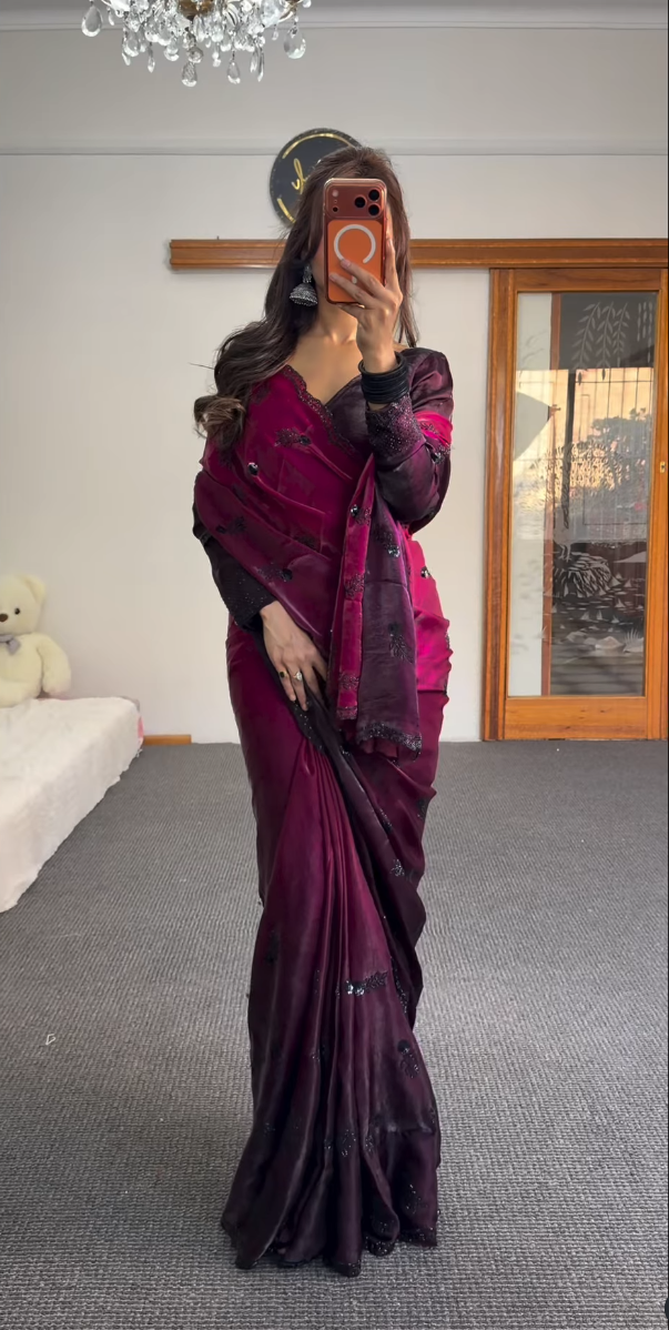 Magenta Embellished Saree with Sheer Blouse - Premium Chiffon