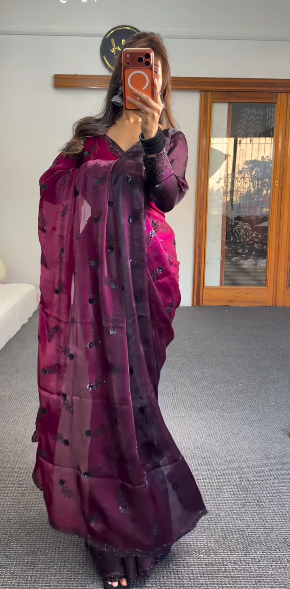 Magenta Embellished Saree with Sheer Blouse - Premium Chiffon