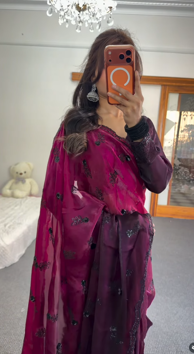 Magenta Embellished Saree with Sheer Blouse - Premium Chiffon