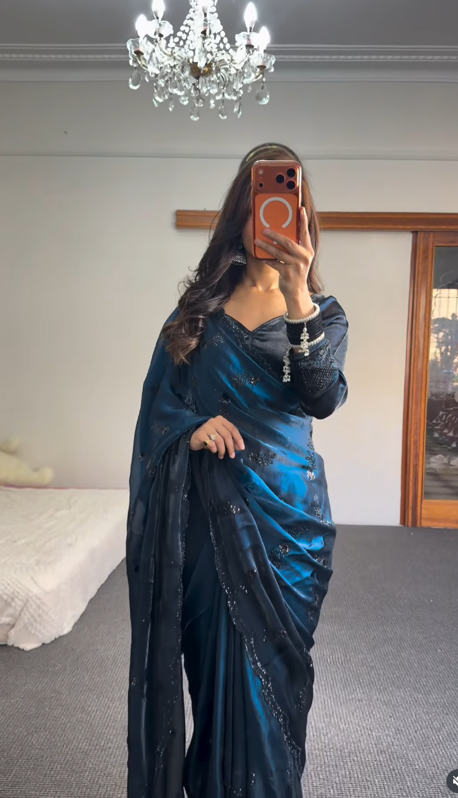 Navy Blue Sequin Embellished Saree with Blouse