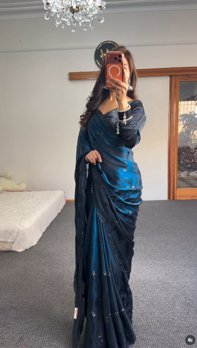Navy Blue Sequin Embellished Saree with Blouse